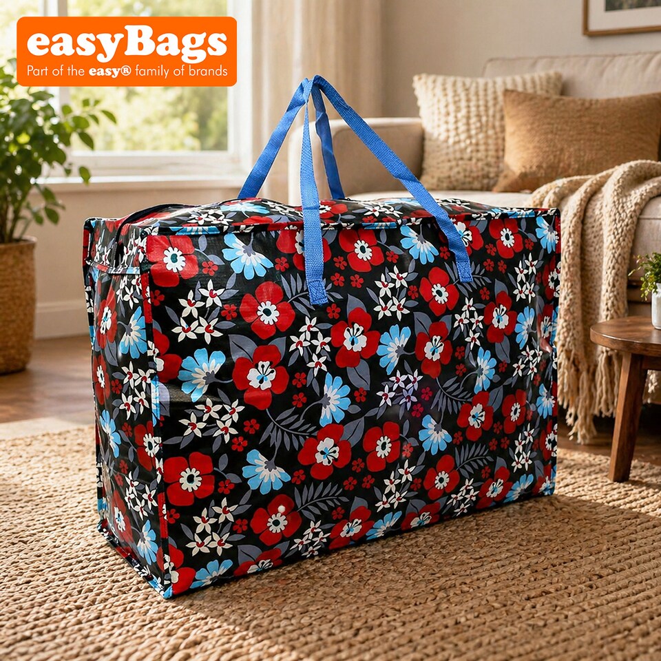 image 1 of Extra Large Jumbo Reusable Laundry/Shopping/Storage Bag with Zip Red Flower