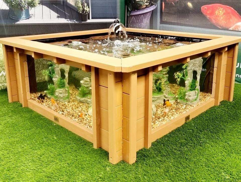 image 1 of Raised square pond with large windows Lotus Clear View Garden Aquarium in Natural Brown
