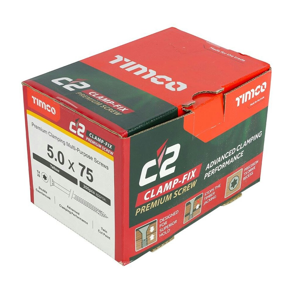 image 1 of Timco - C2 Clamp-Fix Multi-Purpose Premium Screws - TX - Double Countersunk - Yellow (Size 5.0 x 75 - 200 Pieces)