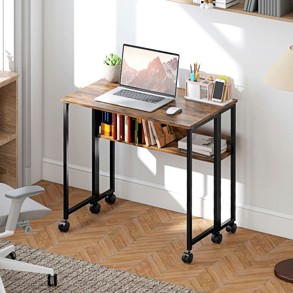 image 1 of HOMCOM 80 cm Foldable Computer Desk on Wheels for Small Spaces | Brown