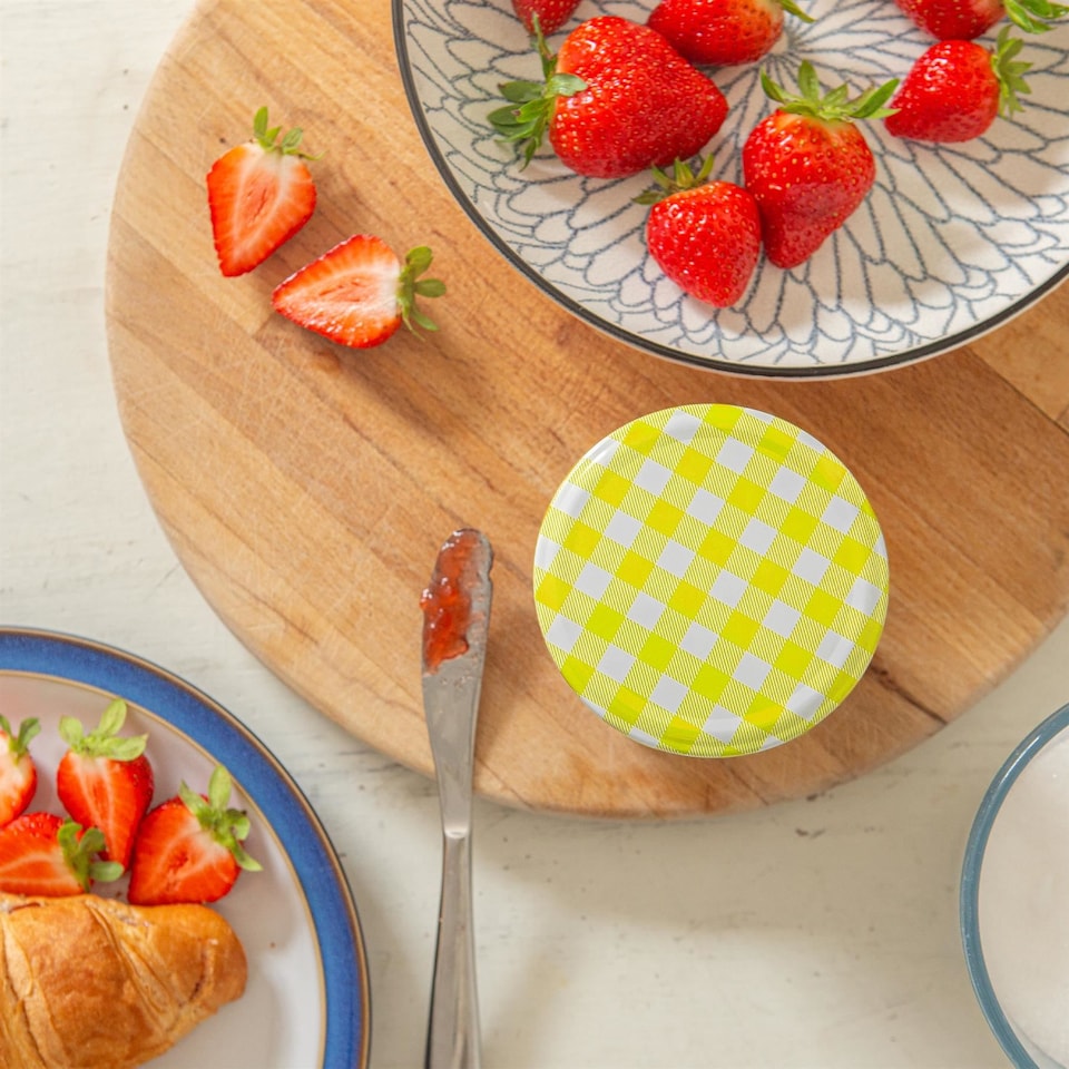 image 1 of Argon Tableware Glass Jam Jars with Yellow Gingham Lids - 250ml - Pack of 6