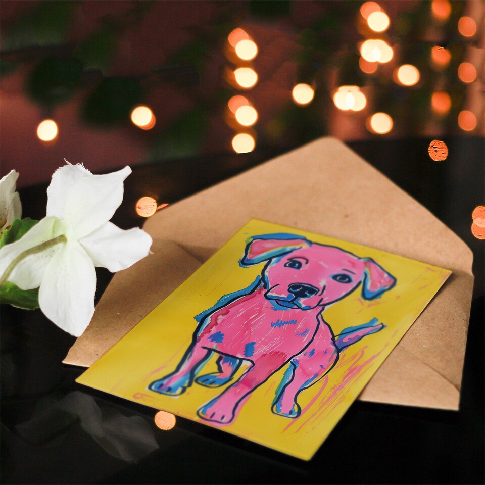 image 1 of Cute Puppy Pop Art Pink Yellow Blue Dog Lover Birthday Card