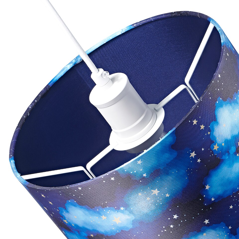 image 1 of Modern Navy Blue Childrens Lamp Shade with Bright Gold Stars and White Clouds | Blue | 10"