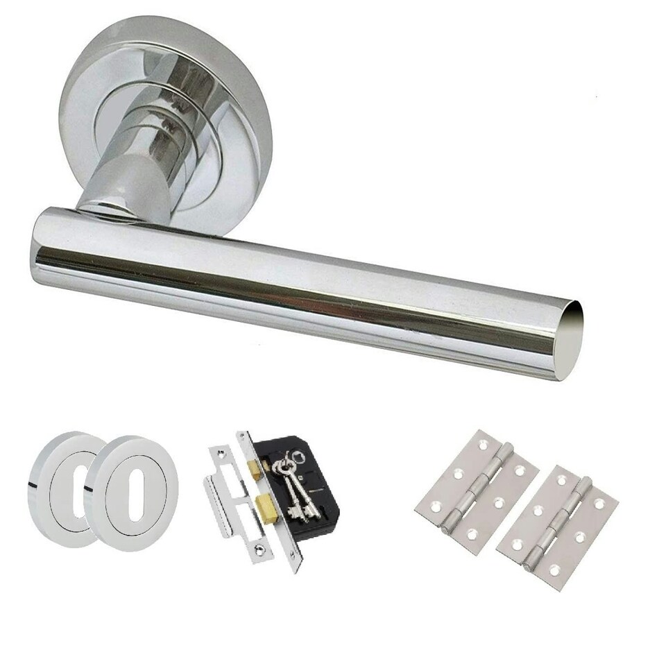 image 1 of Golden Grace T-Bar Bathroom Toilet Loo Door Handles Set on Rose in Polished Chrome Finish with Hinges Silver