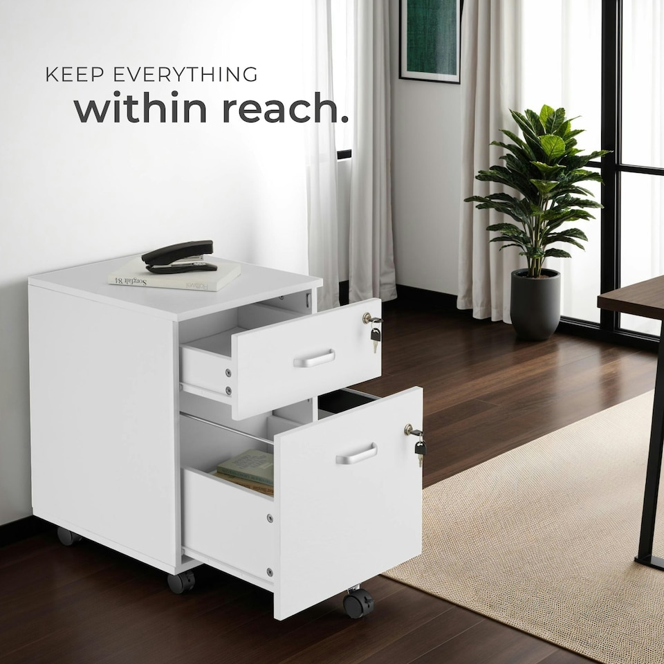 image 1 of Filing Cabinet - 2 rolling, lockable drawers, fits A4 documents White
