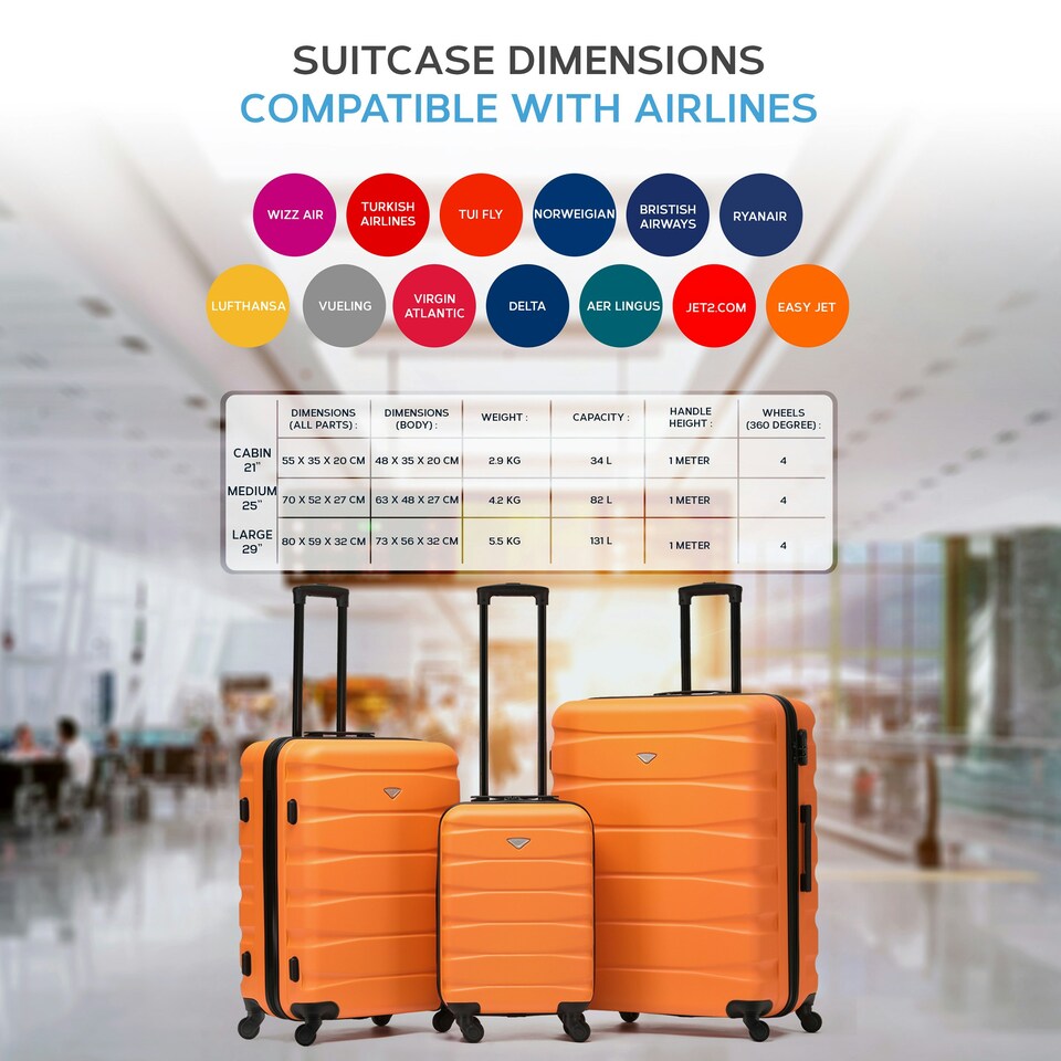 image 1 of Flight Knight Set of 3 Lightweight 4 Wheel ABS Hard Case Suitcases Cabin & Hold Luggage, 100+ Airlines Approved - easyJet, British Airways, Ryanair, Jet2 Orange | Orange / Black