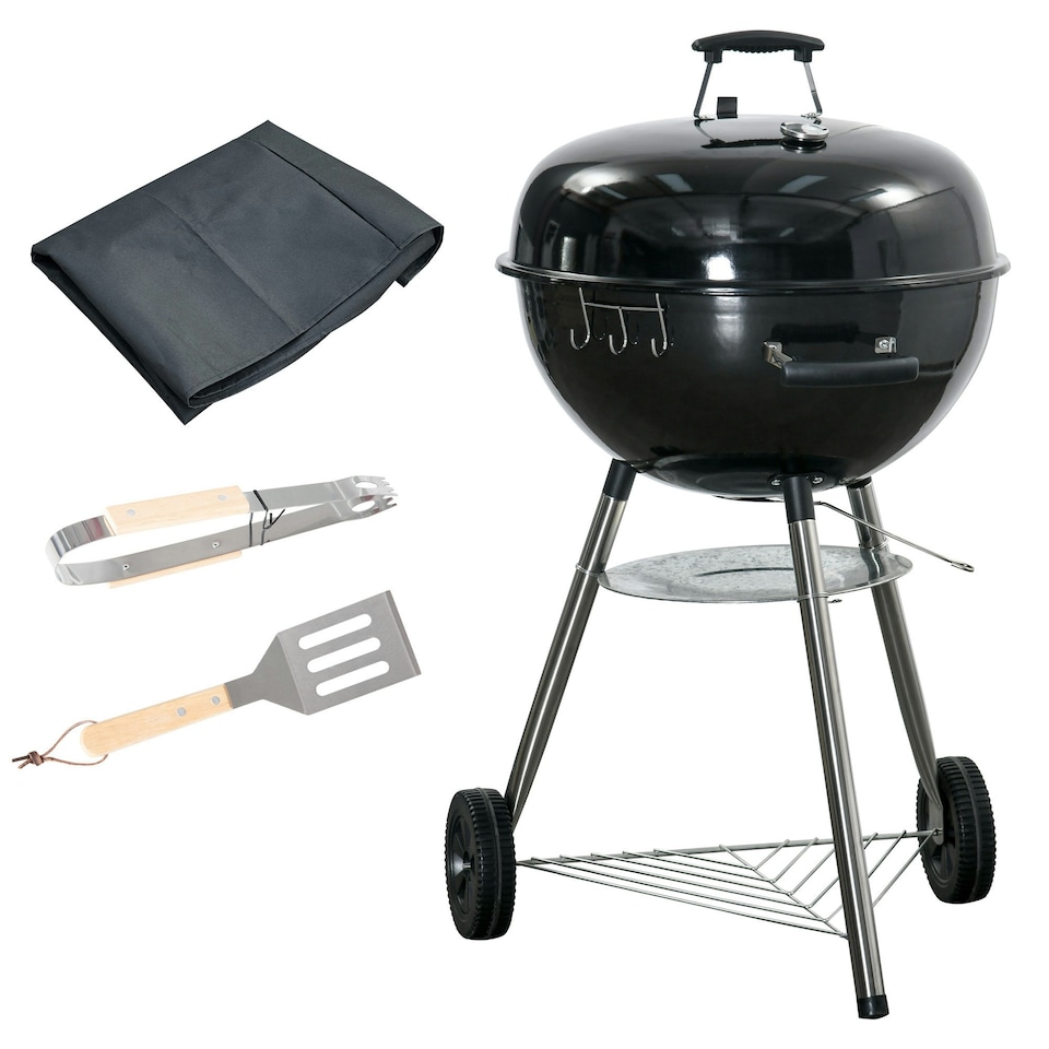 image 1 of Outsunny Portable Kettle Charcoal Grill BBQ Smoker w/ Cover, Lid, & Thermometer