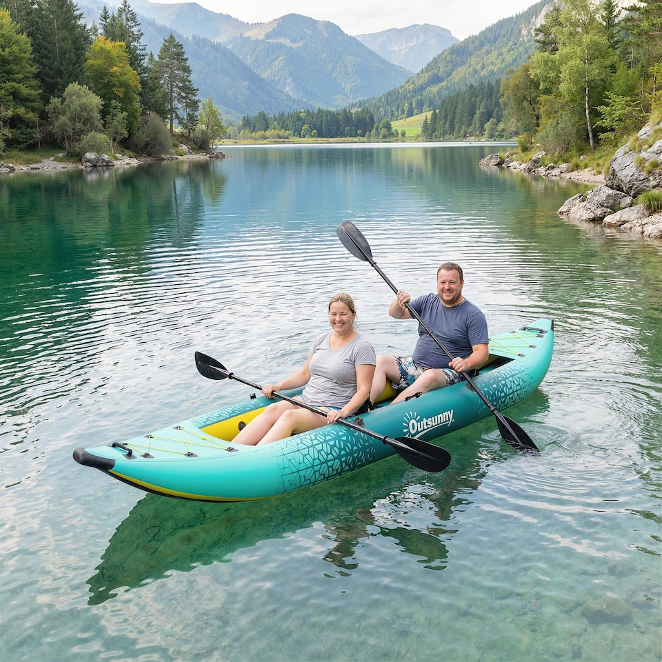 image 1 of Outsunny 2.5' Inflatable Kayak 2-person Sit on Canoe with Paddles | Blue | Blue and Yellow | 381 x 94 x 40 cm