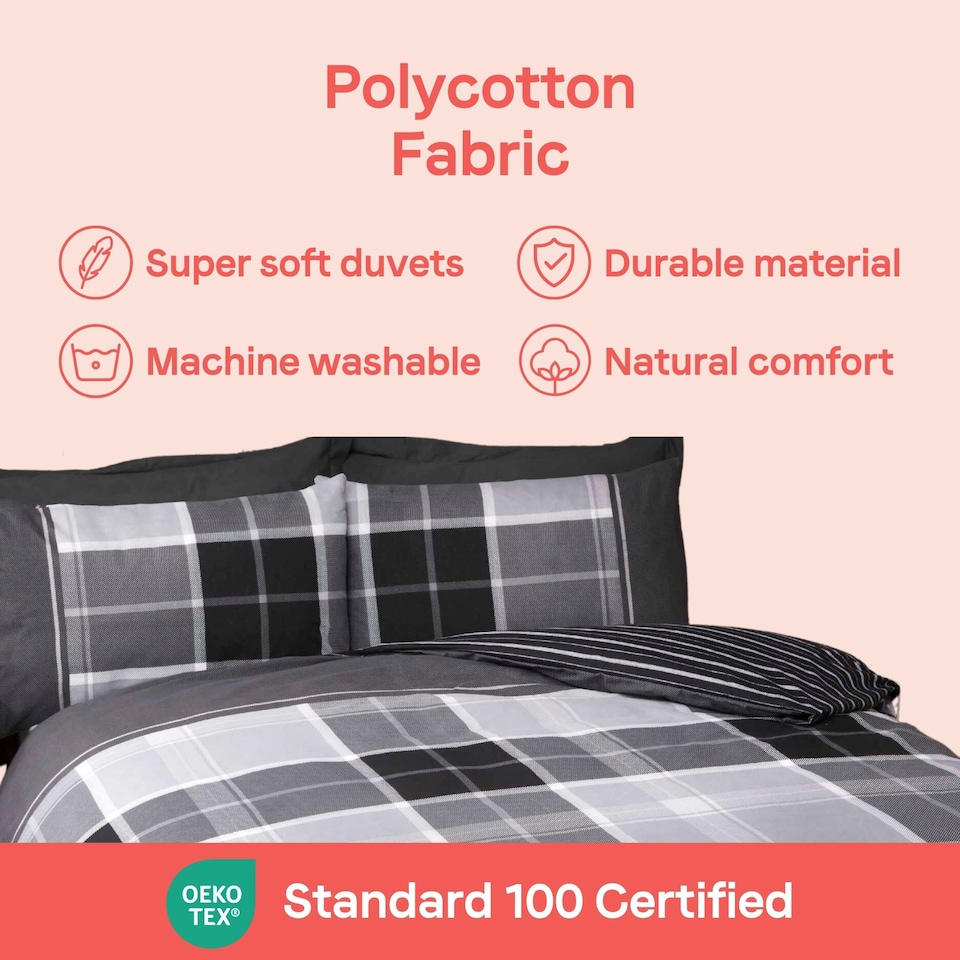 image 1 of Argyle Design Tartan Polycotton Duvet Set With Pillowcase | Grey | 1