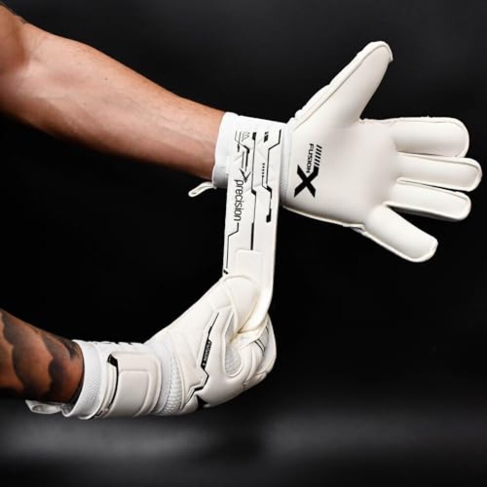 image 1 of Precision Fusion X Pro Classic Hybrid Giga Goalkeeper Gloves, 4mm Giga Latex, Hybrid Cut, Enhanced Wrist Support, Breathable Mesh, White Black, 10