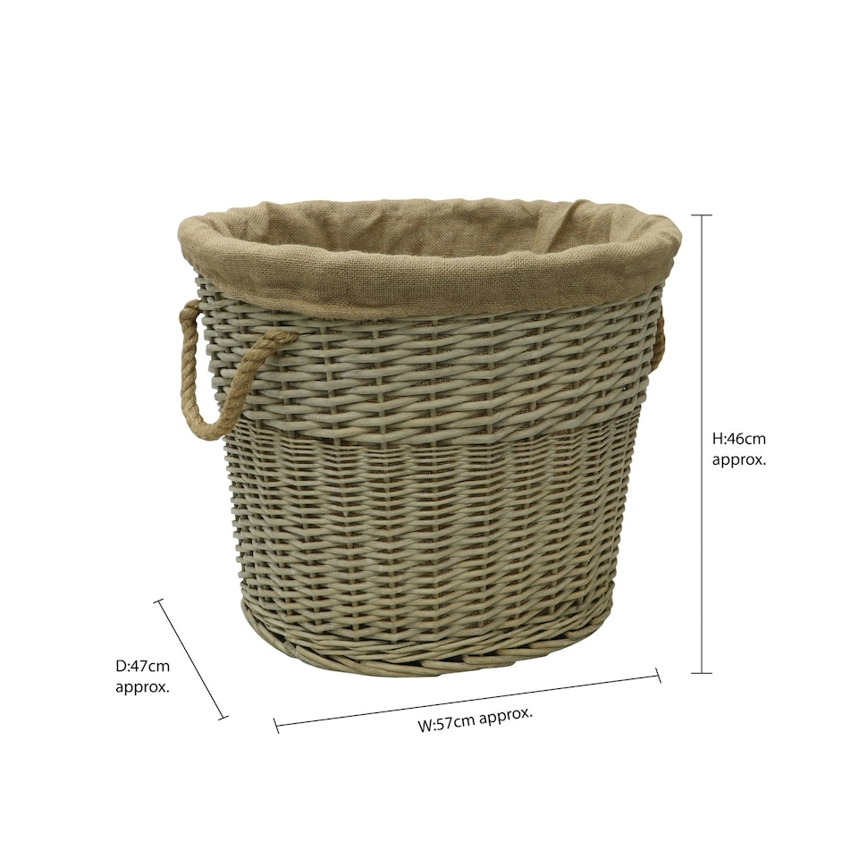 image 1 of JVL Antiques Wash Canvas Lined Oval Log Basket with Rope Handles, 46x57x46 cm Brown