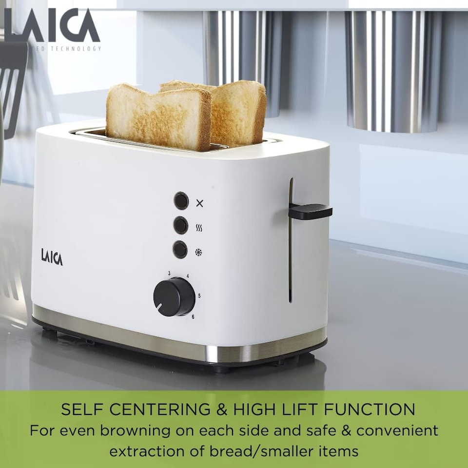 image 1 of LAICA Dual Flo 2 Slice Toaster, with Defrost & Reheat Functions, High-Lift & Wide Slots - White