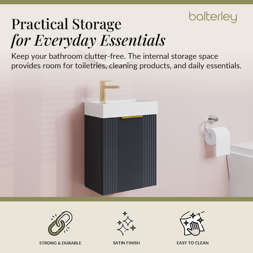 image 1 of Balterley Wall Hung Cloakroom Vanity Basin Unit with Handle Compact Bathroom Storage | Grey | Satin Soft Black | 438 x 400 x 222mm | 1