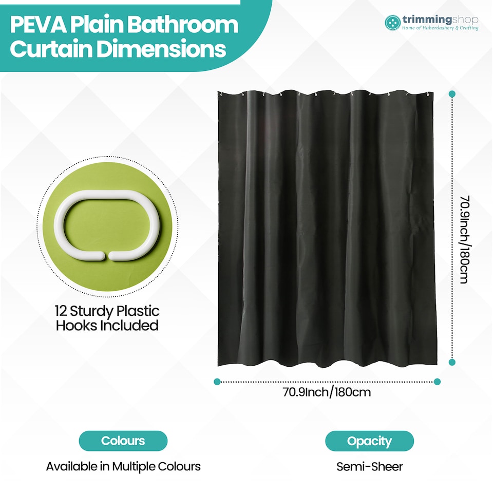 image 1 of PEVA Plain Mould & Mildew Resistant Shower Curtain with 12 Hooks - 180x180cm