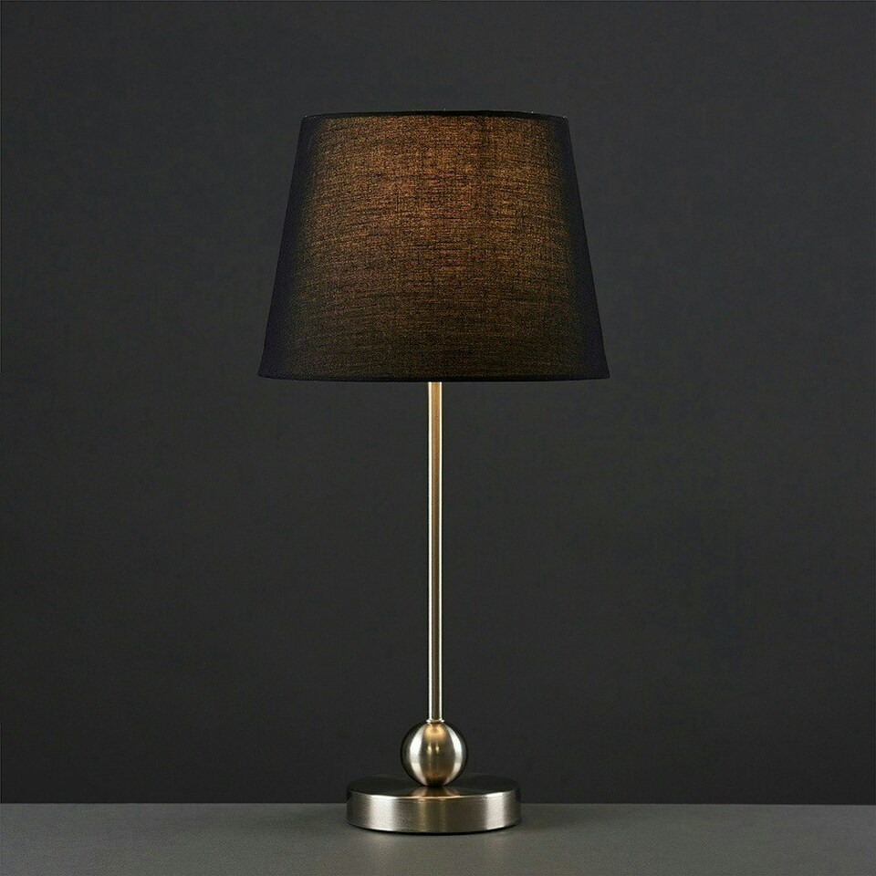 image 1 of ValueLights Theydon Brushed Silver Table Lamp with Small Black Tapered Shade and E14 Golfball LED 4W Warm White 3000K Bulb Black