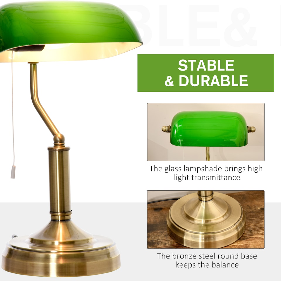 image 1 of HOMCOM Banker's Table Lamp w/ Antique Bronze Tone Base, Green