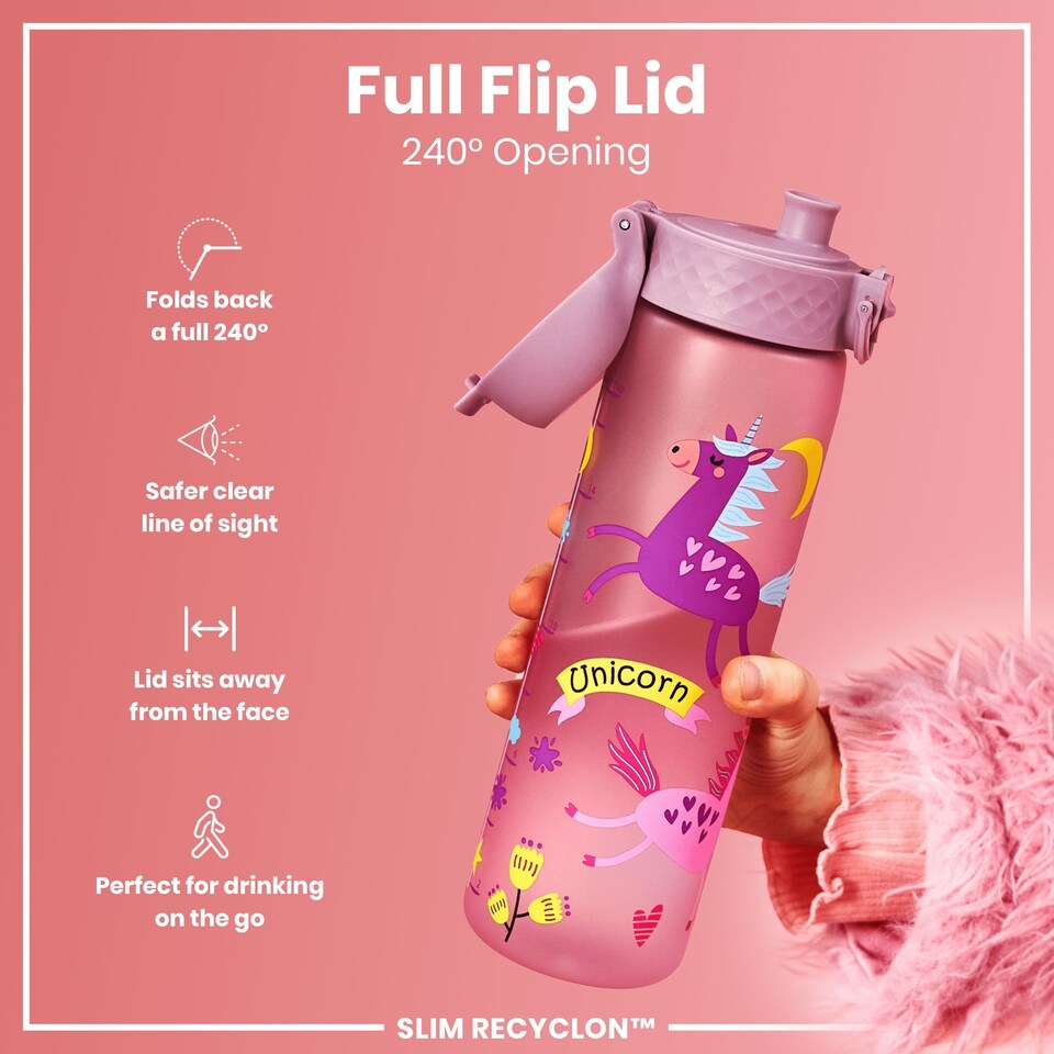 image 1 of Leak Proof Slim Water Bottle, BPA Free, 500ml (18oz) | Pink | Unicorns | One Size