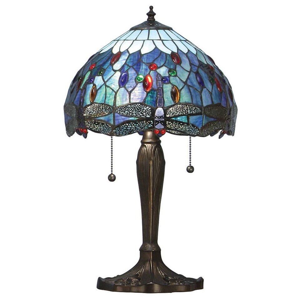 image 1 of Dragonfly 2 Light Small Table Lamp Dark Bronze, Blue, Tiffany Style Glass, E27