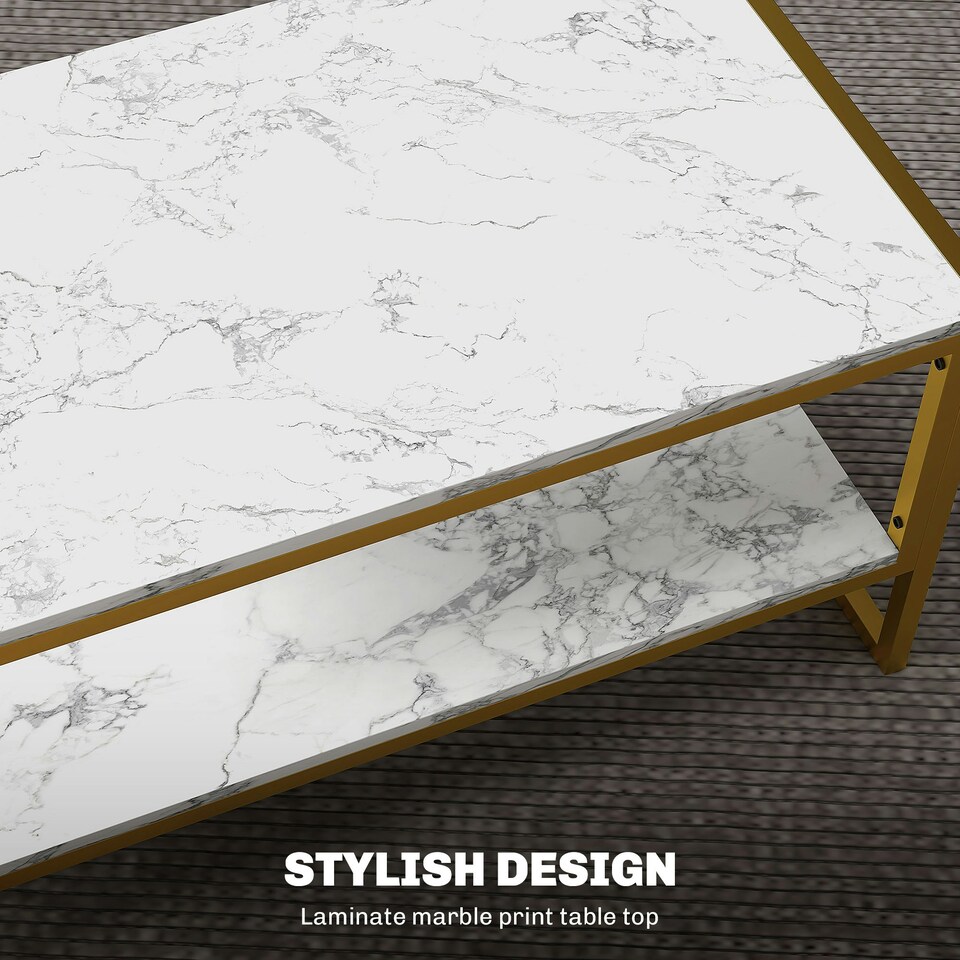 image 1 of HOMCOM Two-Tier Coffee Table with Marble Effect Shelf and Metal Frame Black