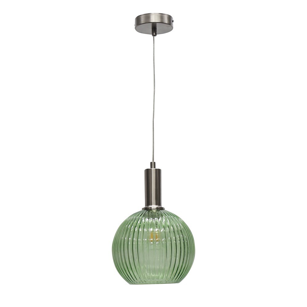 First Choice Lighting Betchley - Green Ribbed Glass Globe Satin Nickel Deco Pendant Fitting