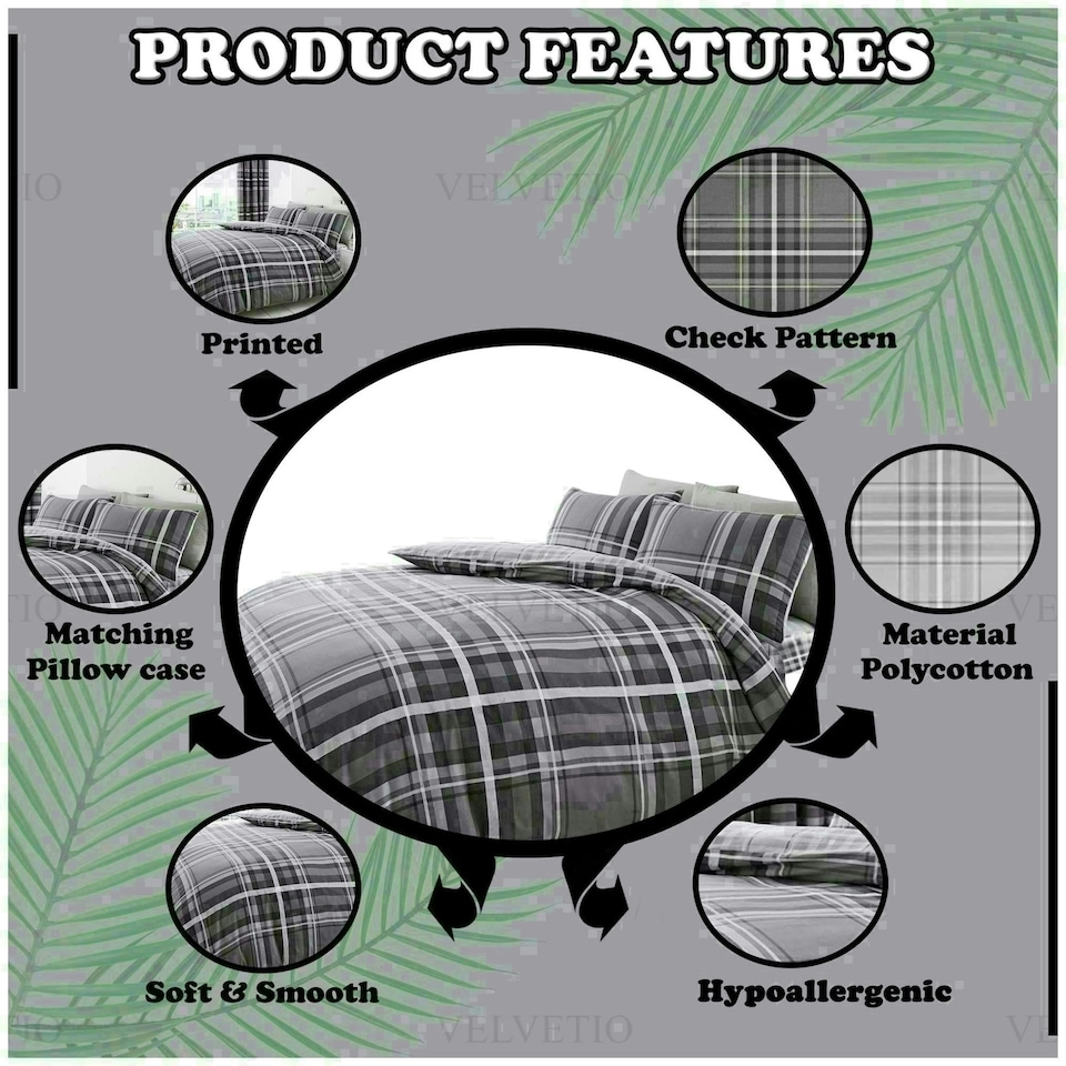 image 1 of Newton Tartan Check Duvet Cover Set Reversible Polycotton Beddings Grey | King