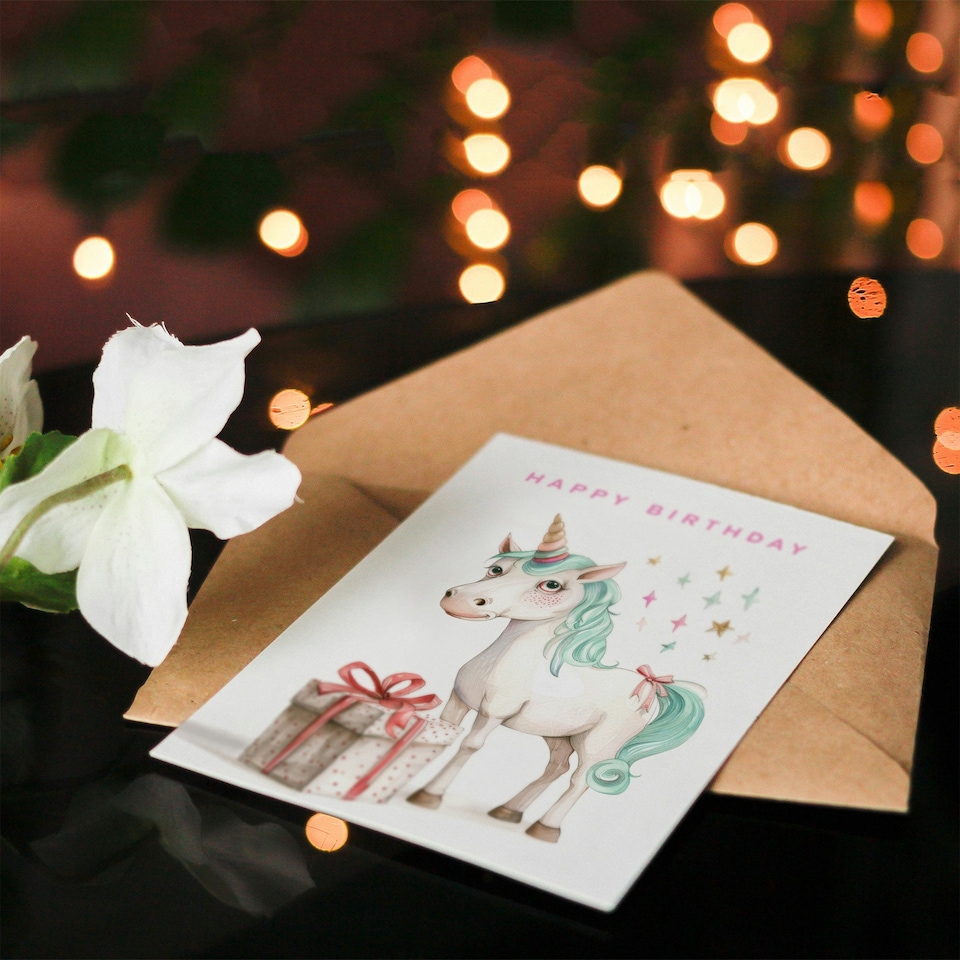 image 1 of Unicorn Stars Present Fun Kids Child Birthday Card