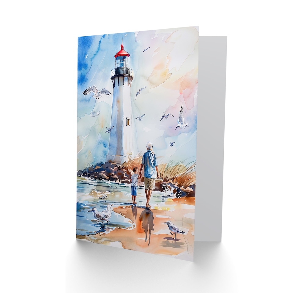 image 1 of Lighthouse Seagulls Beach Walk With Grandad Retirement Card