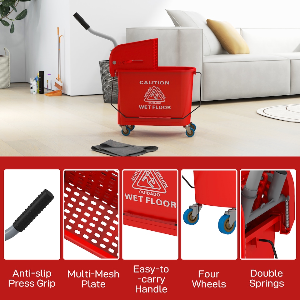image 1 of HOMCOM 20L Compact Mop Bucket with Wringer and Handle, Mop Bucket on Wheels for Floor Cleaning, Separate Dirty and Clean Water, for Home, Flat, Red