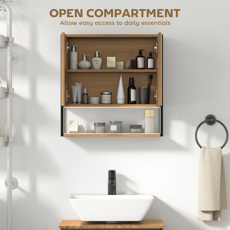 image 1 of HOMCOM Bathroom Mirror Cabinet Wall Mounted with Soft-Close Doors and Adjustable Shelf, Industrial Bathroom Wall Cabinet with Open Storage, 60 x 16 x 60 cm, Natural Wood Finish | Brown | Natural wood finish