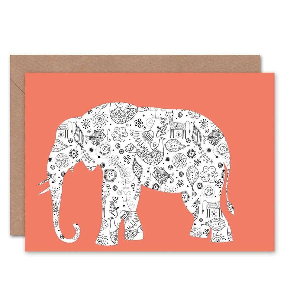 image 1 of Elephant Folk Art Pattern Silhouette Animal Greeting Art Card