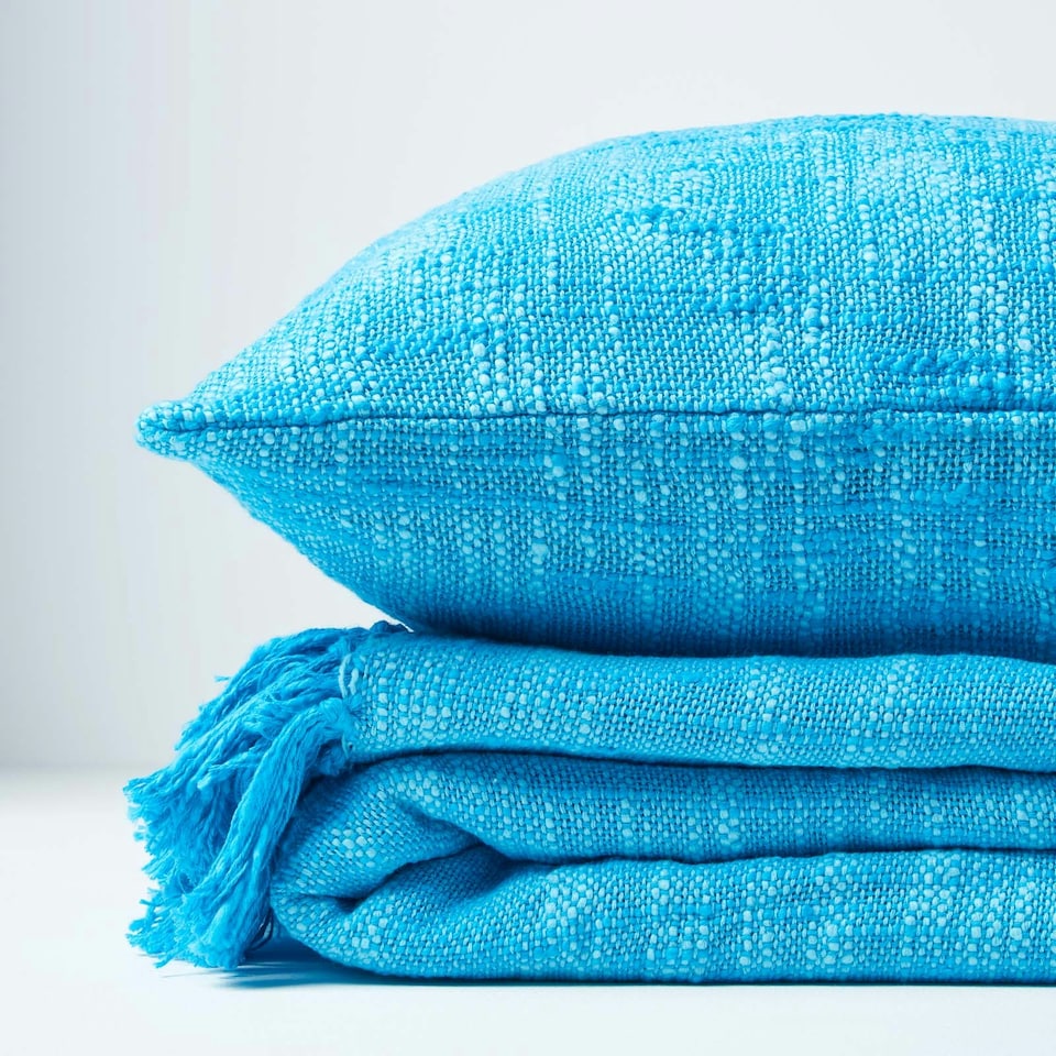 image 1 of Homescapes Nirvana Slub Cotton Teal Throw - 255 x 360 cm Blue