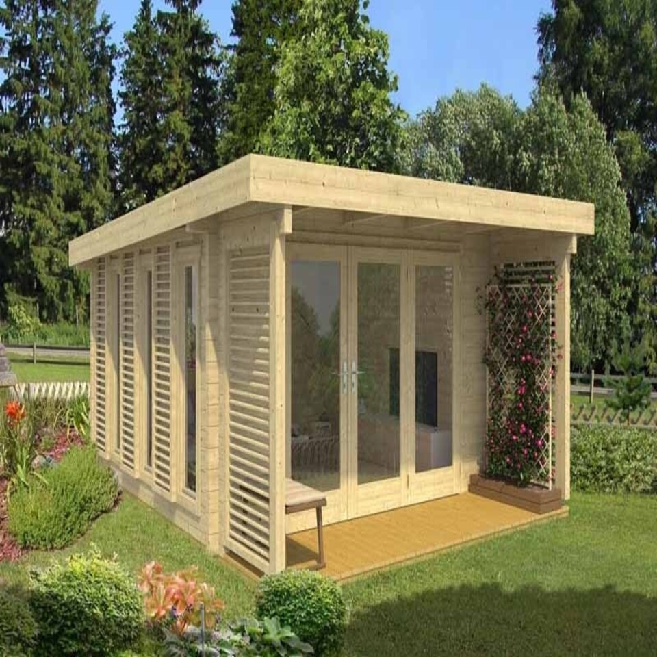 image 1 of Exeter 2-Log Cabin, Wooden Garden Room, Timber Summerhouse, Home Office - L450 x W547 x H241.94 cm Brown