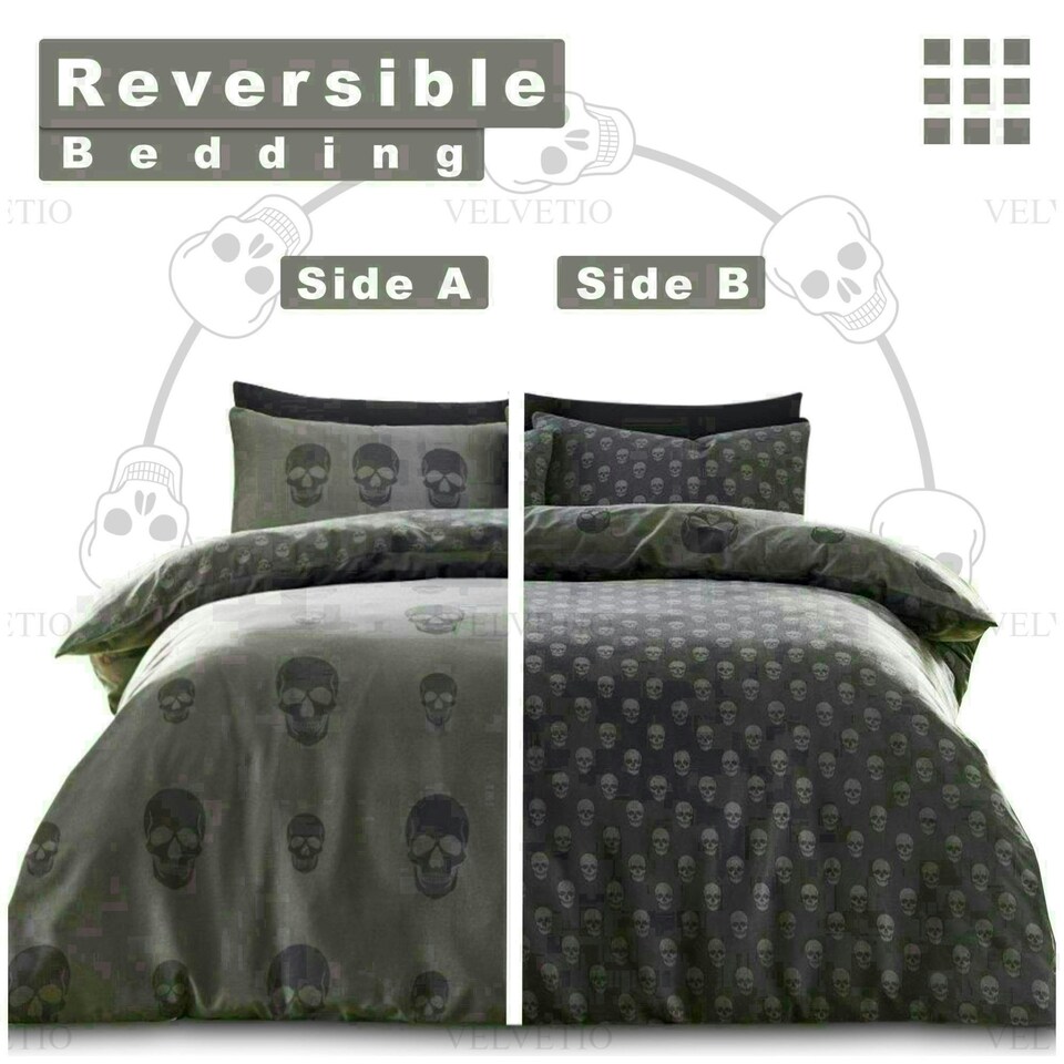 image 1 of Skull Charcoal Printed Duvet Cover Set Reversible Polycotton Beddings Grey | Double