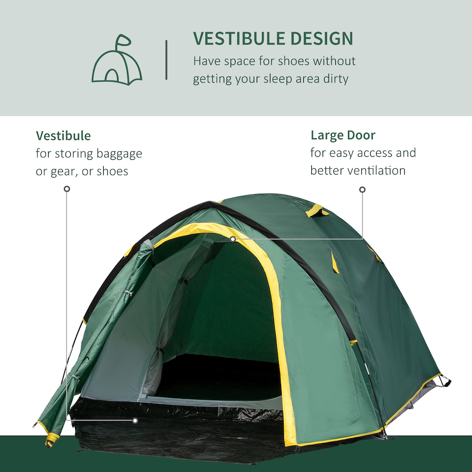 image 1 of Outsunny Compact Camping Tent with Vestibule & Mesh Vents for Hiking Green