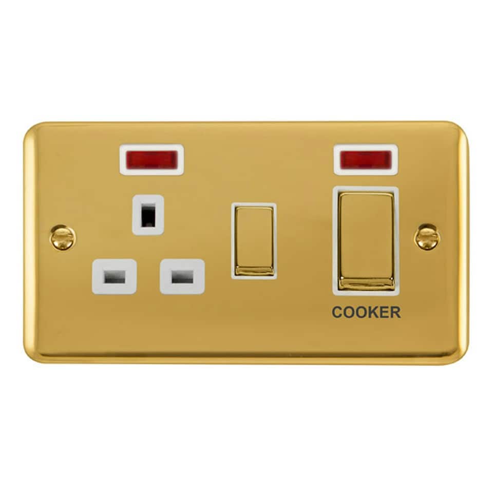 SE HOME Curved Polished Brass Cooker Control Ingot 45A With 13A Switched Plug Socket & 2 Neons White | Polished Brass