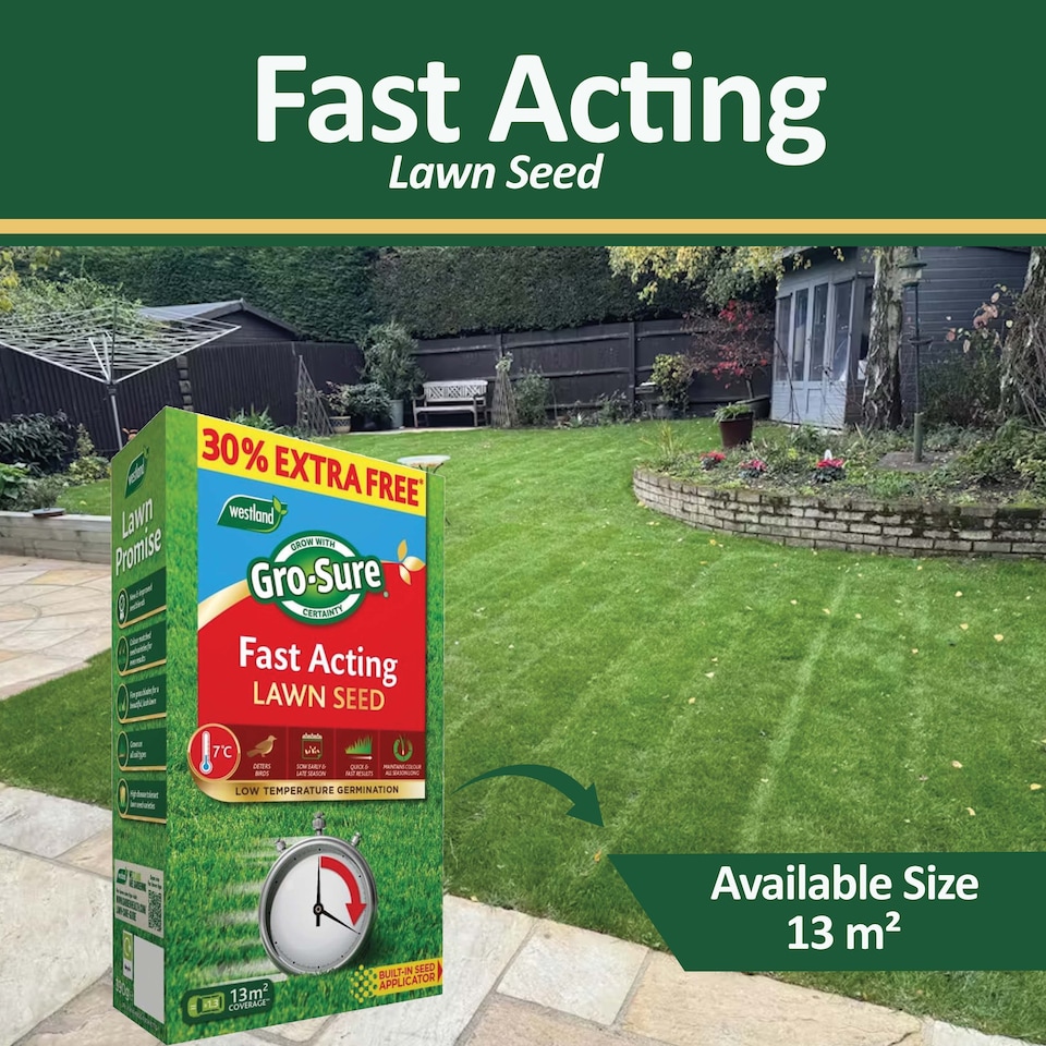 image 1 of Westland GRO-Sure Fast Acting Lawn Seed 10 Meter Square + 30 Percent Extra Quick Germination Grass Seed for Lawn Repair & Growth