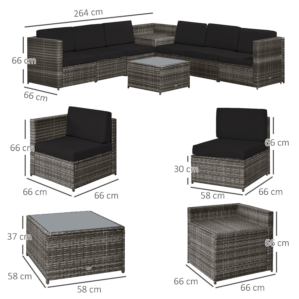 image 1 of Outsunny 8 Pieces Outdoor PE Rattan Sofa Set with Cushions, Patio Garden Furniture Sets with Glass Top Coffee Table, Storage Corner Table, Grey