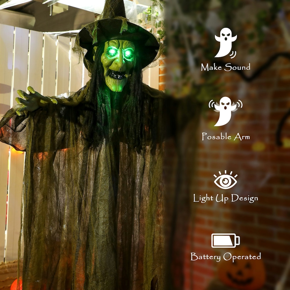 image 1 of Outsunny Voice Activated Halloween Animatronics Hanging Witch, Green