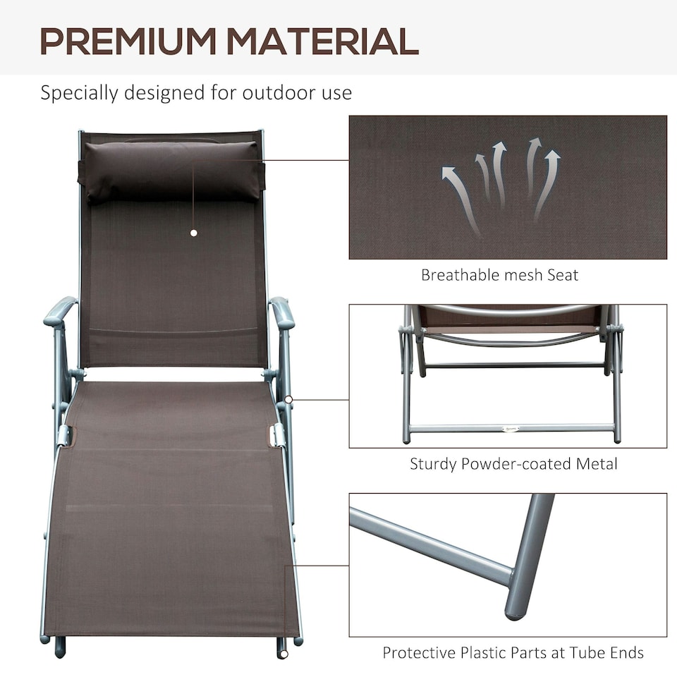 image 1 of Outsunny Sun Lounger Recliner w/ Pillow Foldable 7 Levels Texteline Brown