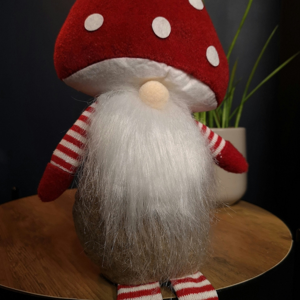 image 1 of 53cm Stripey Red Plush Sitting Christmas Boy Gonk with Dangly Legs and Mushroom Hat
