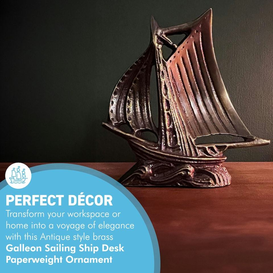 image 1 of Antique style Brass Galleon Ship Paperweight, Nautical Desk Ornament for Home or Office Decor, Distressed Gold Patina Finish