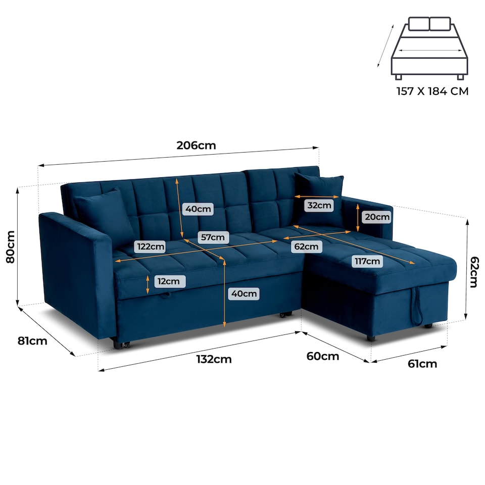 image 1 of Bargainia Milo 3 Seater Velvet Corner Sofa Bed Living Room