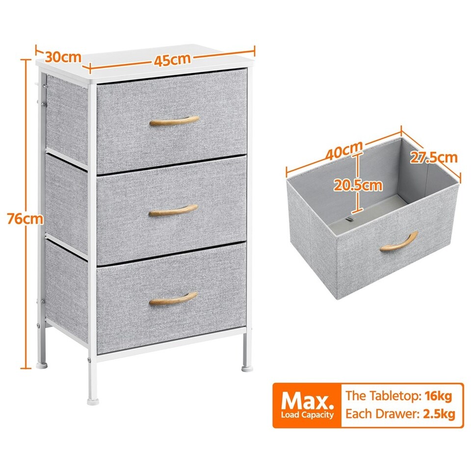 image 1 of Yaheetech Lightweight Fabric Storage Tower with 3 Drawers Grey | Light Grey