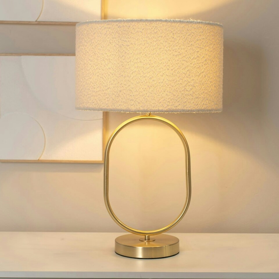 image 1 of ValueLights Antonia Cream Boucle Drum Shade Brushed Gold Oval Table Lamp with LED Bulb Gold