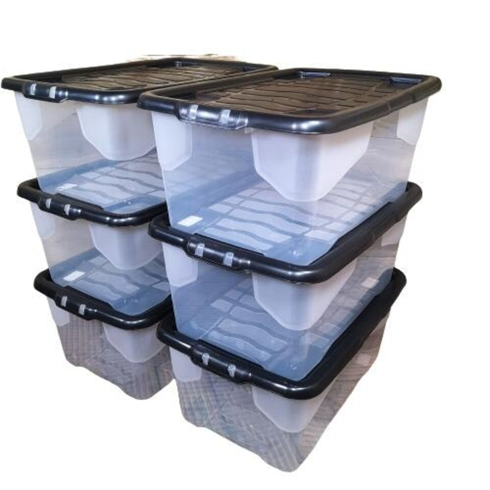 image 1 of 6 x 42L Clear Storage Box with Black Lid, Stackable and Nestable Design Storage Solution