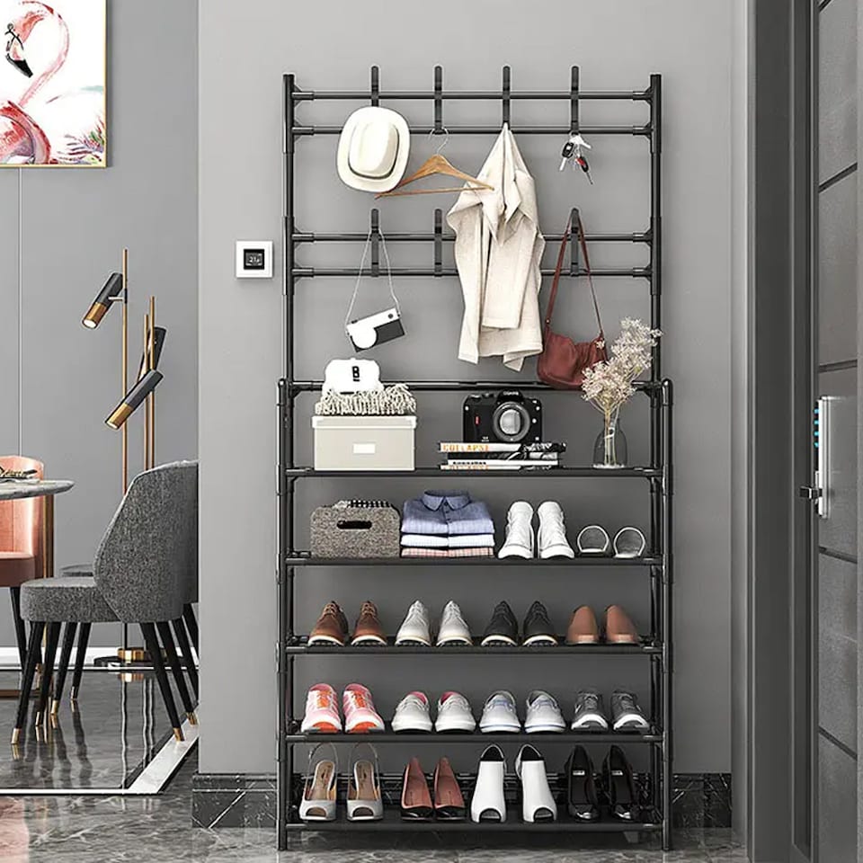 image 1 of Living and Home 5-Tier Freestanding Coat Rack with Shelves - 80x175cm Black