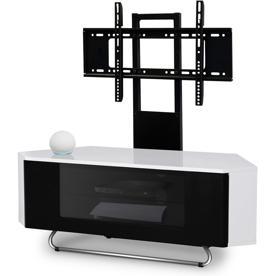 image 1 of Centurion Supports Hampshire Corner-Friendly Gloss White with Black Contrast Beam-Thru Remote Friendly Door 26"-50" Flat Screen TV Cabinet with Mounting Arm White