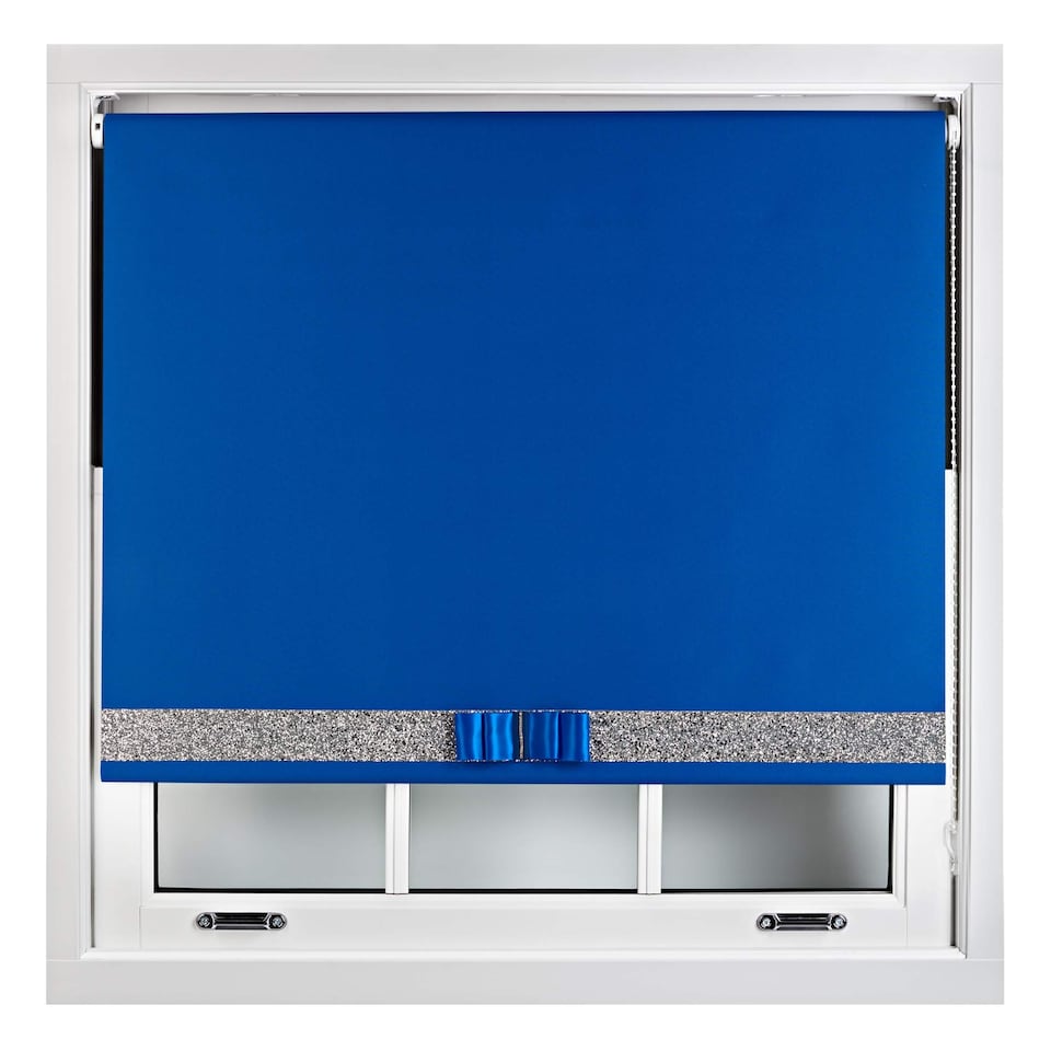 image 1 of FURNISHED Blackout Roller Blind with Silver Glitter Trim and Blue Bow Trimmable Window Shade | Blue | Blue | (W) 175cm x (L) 210cm