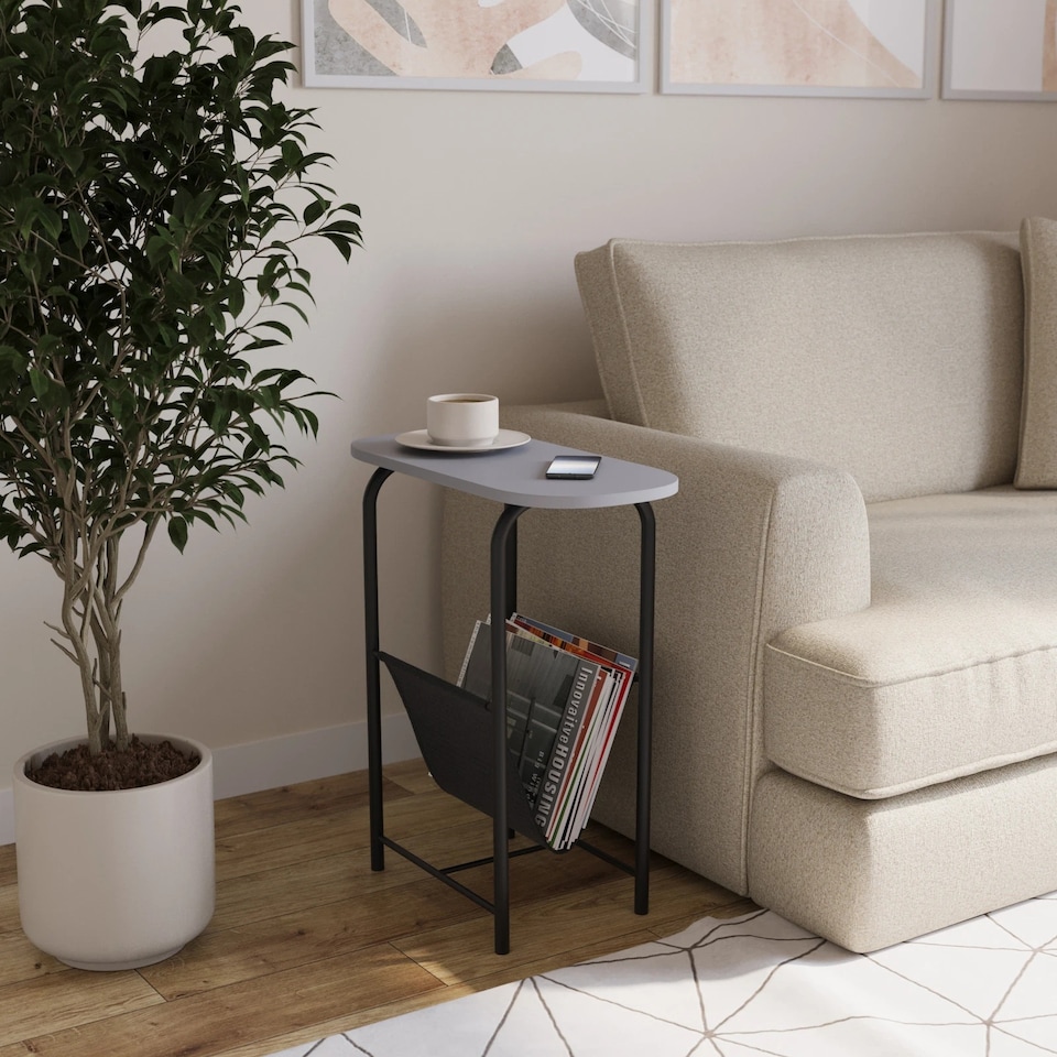 image 1 of Slim Oval Side End Table with Magazine Holder Sling Rack Coffee Snacks Newspapers | Multi | Grey