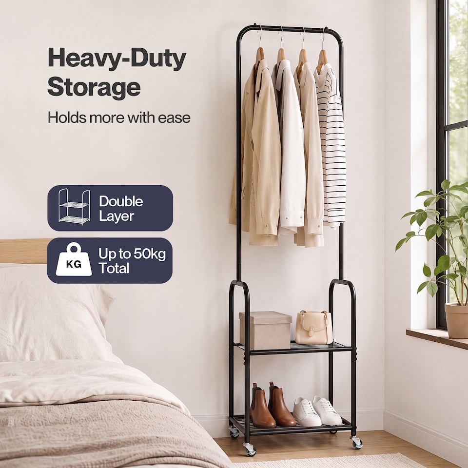image 1 of Levede Clothes Rack Garment Organizer 2 Shelf Locking Wheels Bedroom Black